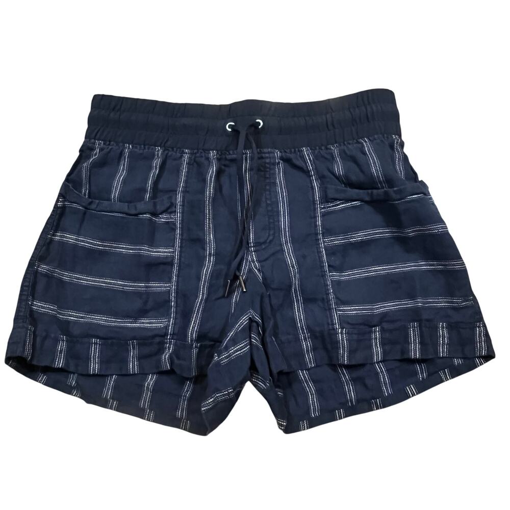 Athleta Navy Stripe Drawstring Shorts Casual Lounge Summer Women 6 Linen Blend